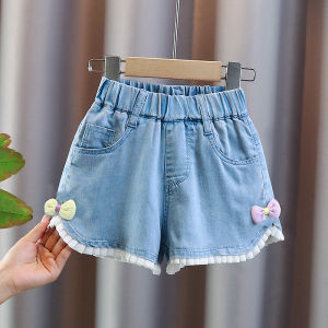 Girls Summer Thin Denim Shorts Child Outerwear Floral Edge Three-quarter Length Trousers Cool Mid-waist Elastic Waistband