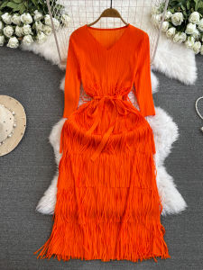Elegant Mid-Length A-Line Dress with Fringe Gathered Waist Slimming Midi Sleeveless round Neck Commute Style Summer Dress