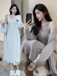 ชุดเดรสผู้หญิงตั้งครรภ์ ชุดสองชิ้น ฤดูใบไม้ร่วง/ฤดูหนาว 2025 ใหม่ หลวม นุ่ม ถัก แจ็คเก็ตเสื้อสเวตเตอร์ ชุดเดรสสายเดี่ยว ชุดเดรสผู้หญิง
