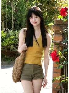 YUEZHONGWEI | Áo len dệt kim hở lưng cổ chữ V màu vàng cho nữ mùa hè ngoài trời ôm vừa vặn gợi cảm ngắn không tay áo sơ mi