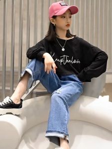 Jeans for Kids Girls Loose Straight Ripped Wide Leg Pants Girls Denim Pants with Pockets Aged 5 To 13 years old