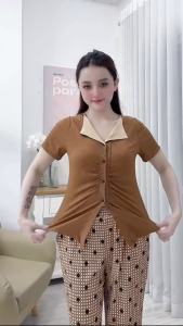 set đồ bộ mặc nhà thun gân cổ bẻ nút gài nhún mặt trước áo quần baggy họa tiết ép không phai/ không ra màu TK2025