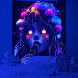 VIKAMA Heart Fluorescent Magic Mushroom Tapestry Tears Girl Illusion Colorful Fungus Halloween Party Dark Wind Room Decoration