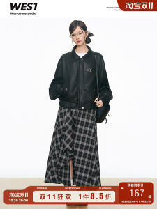 Westayone Short Black Leather Jacket Womens New Arrival + Split Plaid Long Skirt Two-Piece Set Commute Style Polyester Fiber