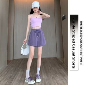 Miiow | High Waist Drawstring Sporty Womens Shorts Summer Outdoor Wear With Pockets A-Line Straight Cut Three-quarter Length Pants