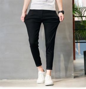 Black Slim Fit Nine Points Jeans for Men Korean Style Elastic Youthful Cotton Stretch Denim Pants Casual High Waist Zipper