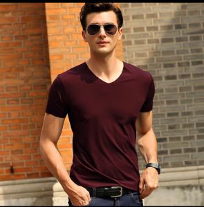 Slim Fit Ice Silk Seamless Short Sleeve V Neck T Shirt Quick Dry Thin Style Base Layer Solid Color for Youth Spring Summer