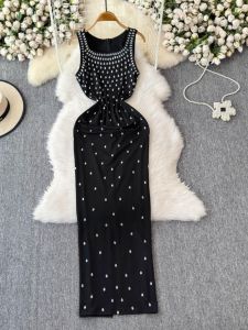 ชุดเดรสยาวทรงเอคอเหลี่ยมสีดำหรูหราสไตล์ฝรั่งเศส ชุดราตรีทรงหางปลา ชุดราตรีสำหรับงานวันเกิด ชุดเดรสยาว ชุดเดรสทำงาน