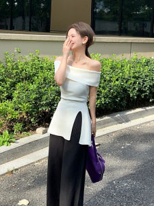 YUEZHONGWEI | Slim-Fitting Off-Shoulder Ice Silk Knit Short Sleeve T-Shirt