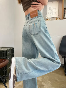 ปักขากว้างสีฟ้าอ่อน เดนิม กางเกงยีนส์ สูง เอว ตัดตรง กางเกง สําหรับผู้หญิง ฤดูใบไม้ผลิ ฤดูใบไม้ร่วง พลัสไซส์ ทันสมัย