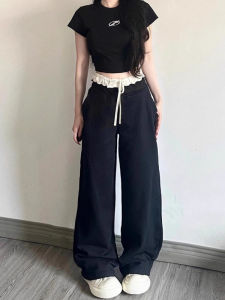 Quần Dài Thường Ngày Bằng Lụa Băng Đen Dài Đến Sàn Cạp Cao Cho Nữ Quần Ống Rộng Xếp Nếp Mỏng Rộng Rãi Cho Nữ