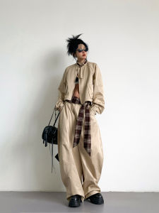 Áo Khoác Ngắn Phong Cách Mỹ Cổ Đứng Màu Kaki Quần Ống Rộng Cạp Cao Quần Short Quần Áo Công Sở Nữ Mùa Xuân