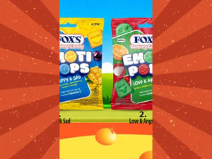 Foxs Gummy Candy 35gr Emoti Pops Happy & Sad Blackcurrant Love & Angry Lychee Permen Rasa Buah Tekstur Lembut Dan Kenyal