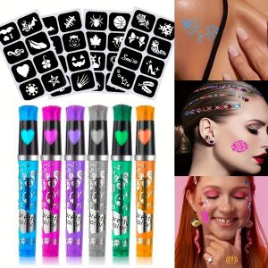 6 Color Temporary Tattoo Pen Set with 4 Tattoo TemplatesBody Art Marker Creates Bold And Fine Lines for Body And Face Coloring