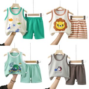 YTFU 2025 เด็กชายเด็กหญิงเสื้อกั๊กแขนกุด + กางเกงขาสั้นเสื้อผ้าเด็กฤดูร้อนผ้าฝ้ายการ์ตูน 2PCS ชุดเด็กผอมกีฬาลำลอง