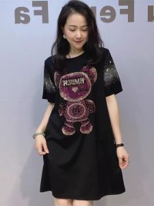 Summer New Womens Glowing Stone Short Sleeve Dress round Neck Overhead Loose Medium Length Skirt Korean Style Cotton Blend