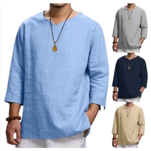 Summer New Mens Thin Cotton Loose Casual Pullover V-neck Three-quarter Sleeve Polo Shirt Plus Size Black Light Blue Khaki