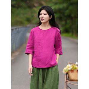 เสื้อยืดคอกลมแขนสั้นผ้าฝ้ายลินินหลวมๆ สำหรับผู้หญิงไซส์ใหญ่ ฤดูใบไม้ผลิและฤดูร้อน เสื้อเชิ้ตทรงพื้นฐาน เสื้อเชิ้ตคอกลม