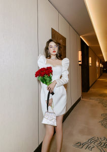 ZY·HT Dinner Dress Womens Elegant New Year Clothes 2024 New Square Neck White Bubble Sleeve Dress 9413