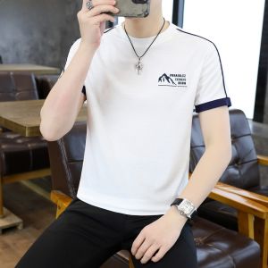 HENGYUANXIANG | เสื้อยืดคอกลมแขนสั้นปักลายสำหรับผู้ชาย ทรงหลวมสบาย ๆ สำหรับฤดูร้อน ผ้าฝ้ายผสมโพลีเอสเตอร์ ระบายอากาศได้ดี เสื้อยืดที่สวมใส่สบาย