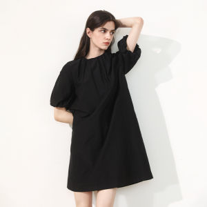 Miccbeirn | Elegant Silk Cotton Dress Fashionable Pleated Lantern Sleeve A-Line Midi Skirt Commute Style Loose Waist Summer Season