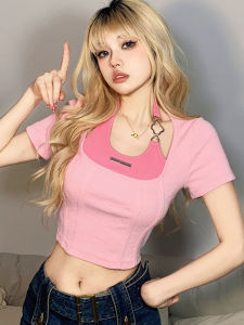 Áo thun ngắn tay cổ điển kiểu Mỹ vừa vặn dành cho nữ với thiết kế chắp vá thêu Cô gái ngọt ngào và cay hàng đầu mùa hè