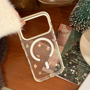 Cute Cartoon Christmas Wreath Quicksand Magnetic Bracket Phone Case For iPhone 17 16 15 14 13 12 Pro Max Clear Shockproof Cover