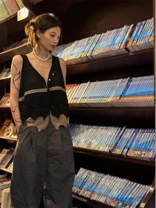 Áo Vest Cổ Chữ V Màu Tương Phản Pure Desire Retro Không Đều Váy Giả Hai Mảnh Thời Trang Chống Nắng Mùa Hè Cho Nữ