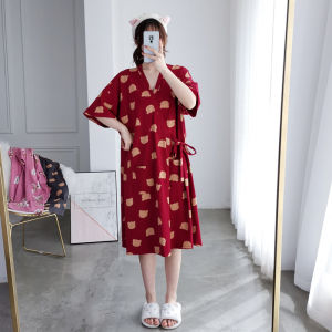 plus Size Pure Cotton Short Sleeve Kimono Style Summer Home Clothes Loose Maternity Gown Cartoon Print Comfortable Sleepwear