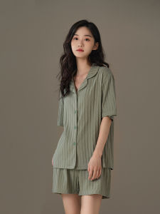 me home wear | Padded Striped Cotton Short Sleeve Pajama Set