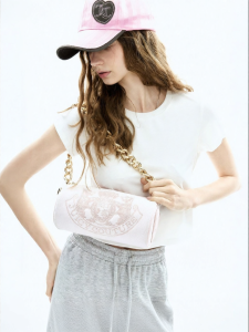 Juicy Couture | Pink Embroidered Crossbody Round Handbag with Thick Chain