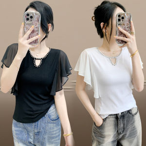 ลูกปัดผ้าฝ้ายสำหรับผู้หญิงขนาดพิเศษแขนสั้นคอกลมเสื้อทีเชิ้ตทูนิคแบบมีแขนปีกค้างคาวของเสื้อแขนยาวบาง