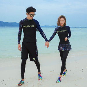 Mohan Korean 3-Piece Diving Suit Lovers Swimsuit Women Sunscreen Wetsuit Rash guards Pant Skirt Swimming Snorkeling Seaside Vacation Long Sleeve Swimwear Suit Men