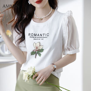 AMMIN Korean style simple cotton round neck alphabet print sweet peplum stitching short sleeve T-shirt womens summer new floral print fashion personality chain stitching puff sleeve casual elegant blouse