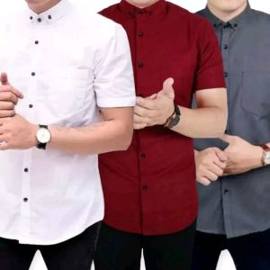 PAKET 3 PCS KEMEJA PRIA POLOS LENGEN PENDEK PREMIUM DISTRO HEM POLOS LENGAN PENDEK