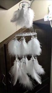 Dremisland Double Circle White rose & Feather Dream Catcher Decor for Bedroom Decor Wedding Decorations Boho Chic Party Nursery Decor 双层捕梦网 白玫瑰