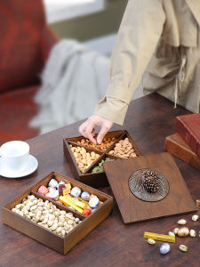 Double Layer Creative Wooden Dry Fruit Tray with Lid Candy Nut Sesame Seed Living Room Home Use Grid Snack Storage Box