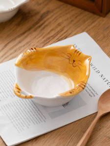 High-Temperature Resistant Ceramic Cat-Themed Hand-Painted Cartoon Double-Eared Rice Bowl Family Use Soup Bowl Dining Utensils