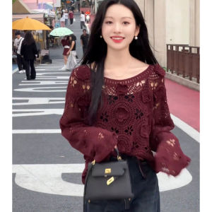 เสื้อสเวตเตอร์ถักแขนยาวแบบสวมหัวสำหรับผู้หญิง ทรงหลวม ดีไซน์เก๋ไก๋ ฤดูใบไม้ผลิและฤดูใบไม้ร่วง เสื้อชั้นในส่วนบน เสื้อผ้าทำงาน