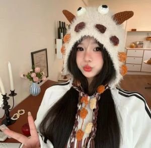 Autumn Winter Cute Funny Monster Horn Women Hat Outdoor Adult Warm Lei Feng Cap Women Ear Protection Hat Cartoon Girls Fun Cap