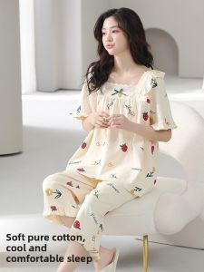 Miiow | Pure Cotton Summer Lightweight Short Sleeve Seven-Piece Pants Womens Sleepwear Set Cool Sensation Home Clothes Outdoor Wearable