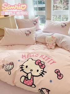 Thickened Cotton Flannel Cartoon KT Cat Bedding Set Full Cotton Bed Sheet Cover Duvet Cover Bed Canopy Childrens Dormitory Three-Piece Set