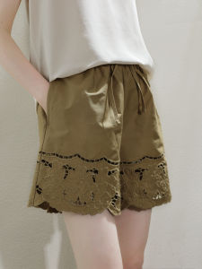 Miccbeirn | Comfortable Cotton Embroidered Shorts Womens Casual Summer Fashion Petal Lady Artistic Style Natural Waist Straight Leg Pants