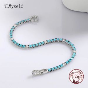 Vòng Tay Tennis Bạc 925 YLMyself 3mm Đính Đá Turquoise & Zircon Khóa Dạng Pave Dành Cho Nữ Món Quà Trang Sức Cao Cấp