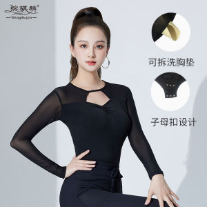 New Latin Dance Top Womens Modern Dance Clothing Hollow out Mesh Social Dance Practice Uniform Long Sleeve round Neck Fitness Sportswear