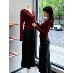 LIANGYILAILIN | Elegant French Style Red Knit Long Sleeve Top