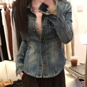 Retro Blue Slim Fit Polo Neck Denim Shirt Women Early Spring New High Waist Inming Thin Outerwear Top Commute Style Long Sleeve