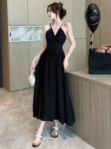 Summer 2024 New Arrival Womens French Black Camisole Dress Sanya Backless Seaside Vacation Beach Dress