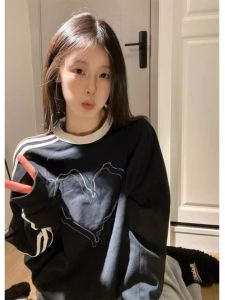 SHUQINGLAI | Retro Three-Stripe Crewneck Sweatshirt for Women