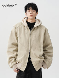 Thickened Cotton Jacket Mens Winter Loose Washed Canvas Workwear Jacket Hooded Zipper Closure Long Sleeve Regular Length